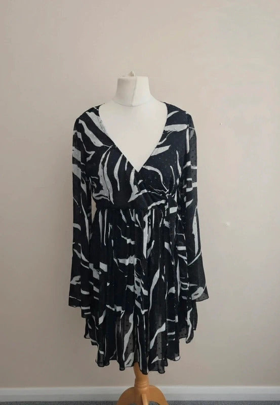 ASOS Monochrome Flare Dress with Sheer Sleeves  Size 12