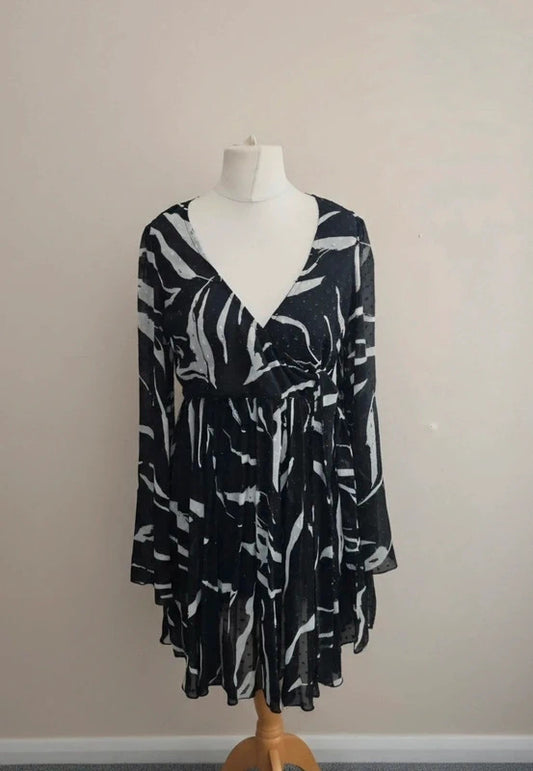 ASOS Monochrome Flare Dress with Sheer Sleeves  Size 12