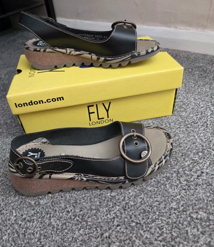 Fly London Black Grey Patterned Leather Slingback Wedge Sandals Boxed EU41 UK 7