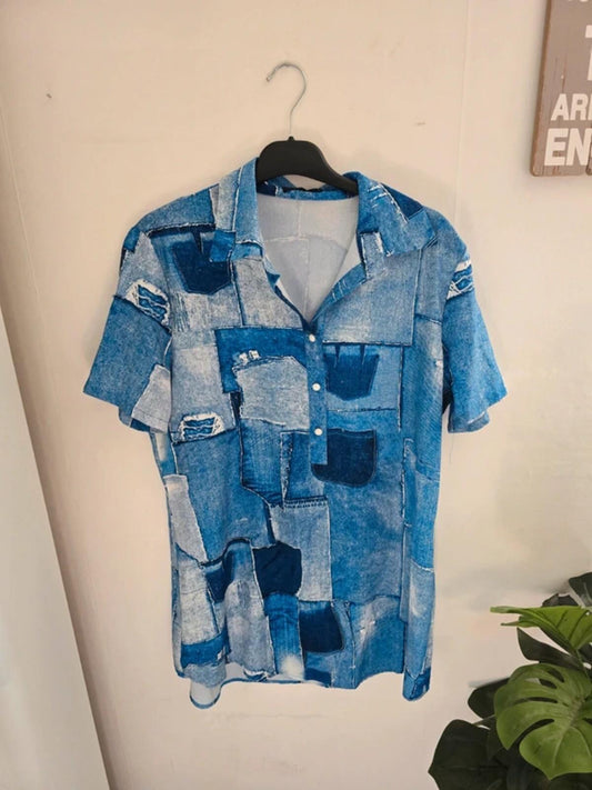 Chicme Blue Patchwork Print Short Sleeved Shirt Dress L Size  12-14