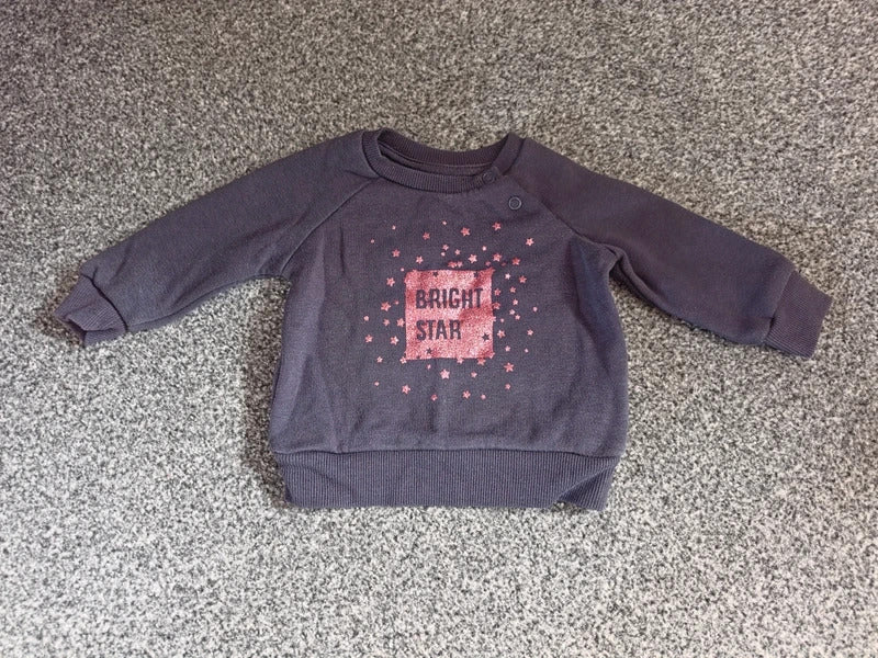 Primark Baby Girls Black Pink Glitter "Bright Star" Sweatshirt Jumper 3-6 Months