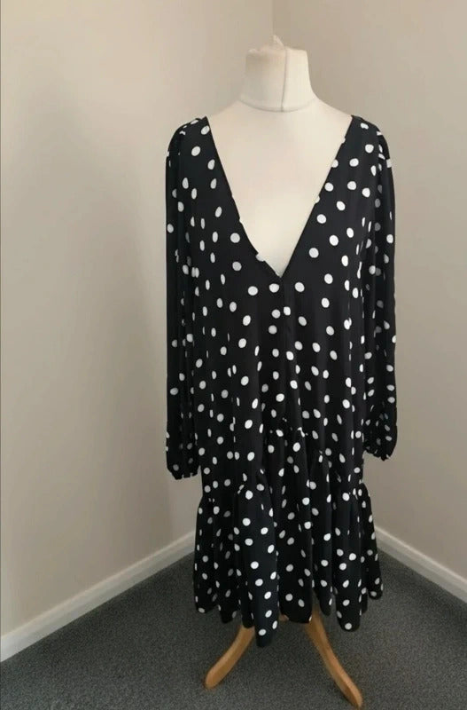 Edie B Black White Polka Dot Frill Dress Long Sleeve V Neck Size 18