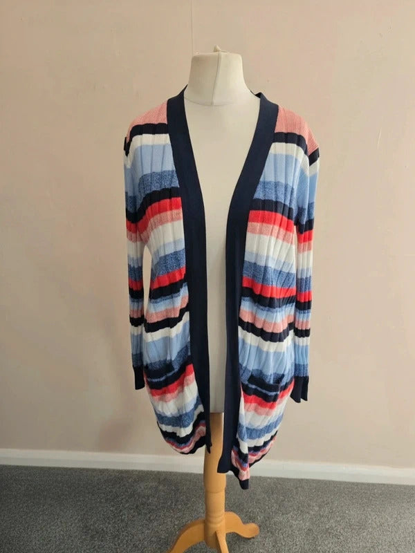 Matalan Blue Red & White Striped Knitted Midi Cardigan Size Medium Size 12-14