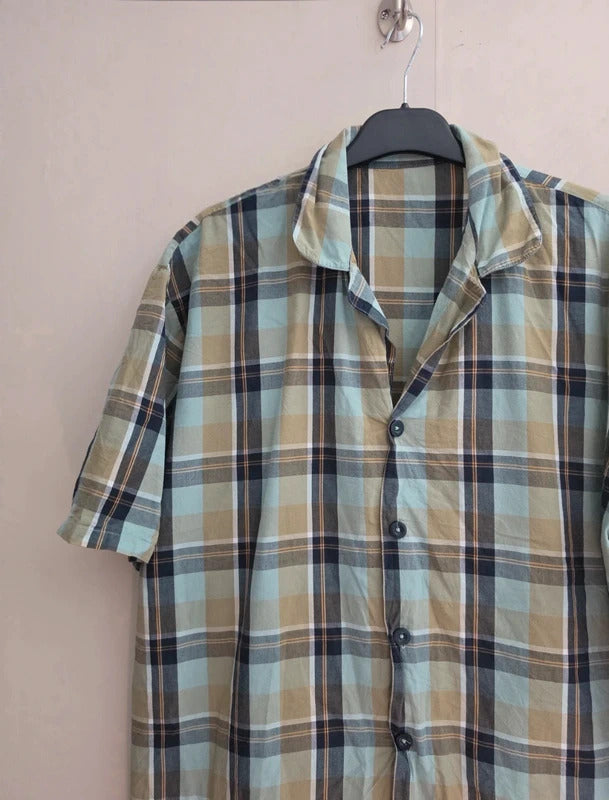 George Men's Green, Navy & Yellow Checked Short Sleeve Cotton Shirt Size Large