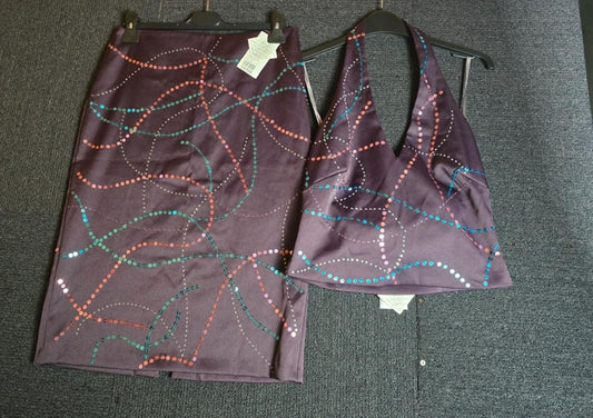 Y2K Warehouse Sequin Co-Ord Set Purple Size 12 Halterneck Top & Skirt New