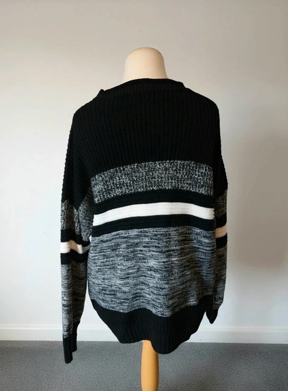 Women's Black Grey & White Striped Chunky Knit Jumper –  3XL (Size 18–20) 