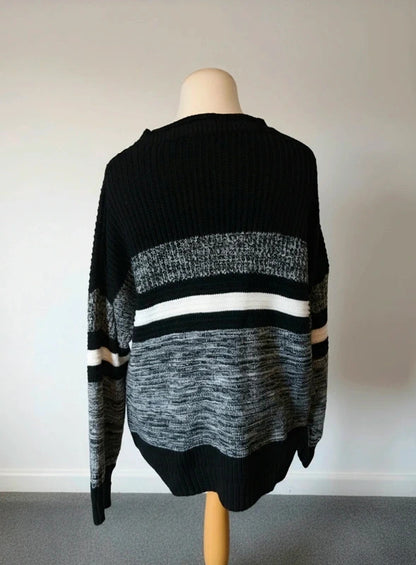 Women's Black Grey & White Striped Chunky Knit Jumper –  3XL (Size 18–20) 