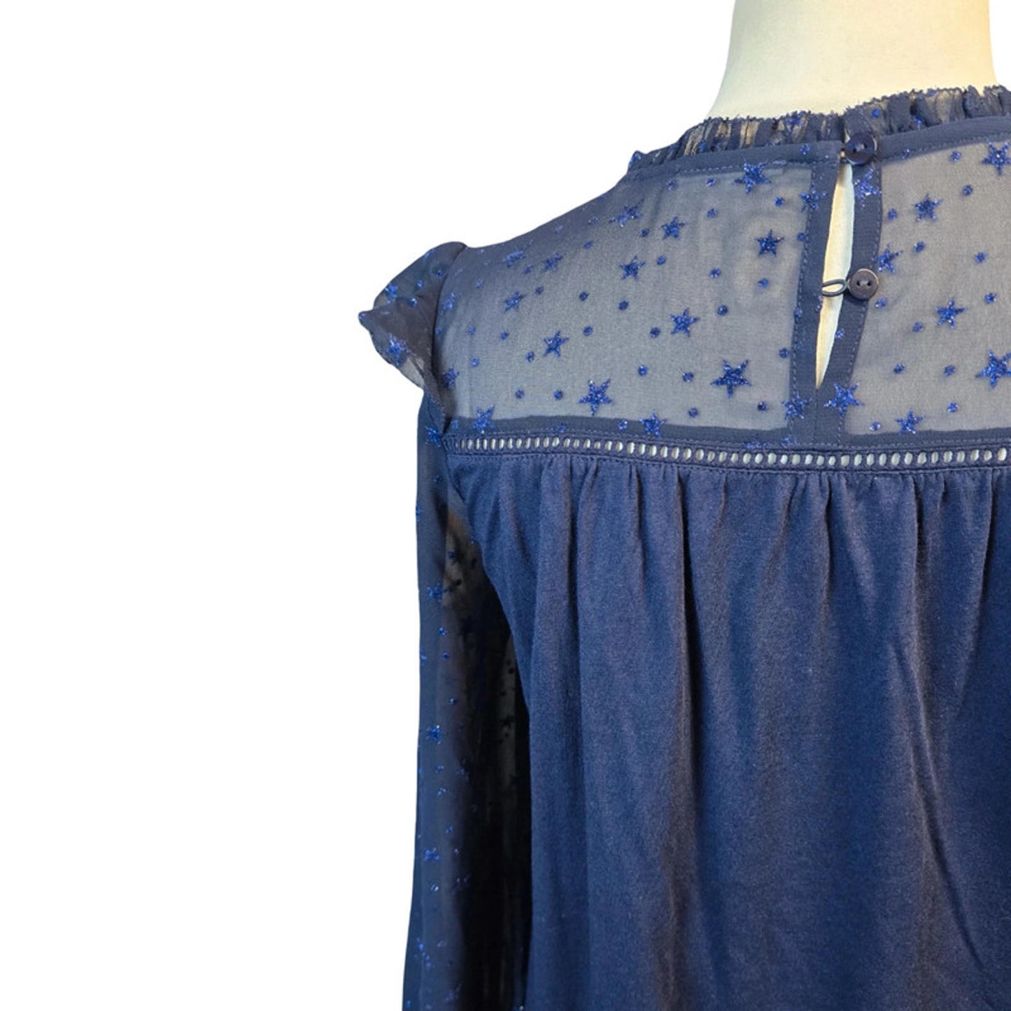 FatFace Navy Glitter Star Top Size 8 Sheer Sleeve Weekend