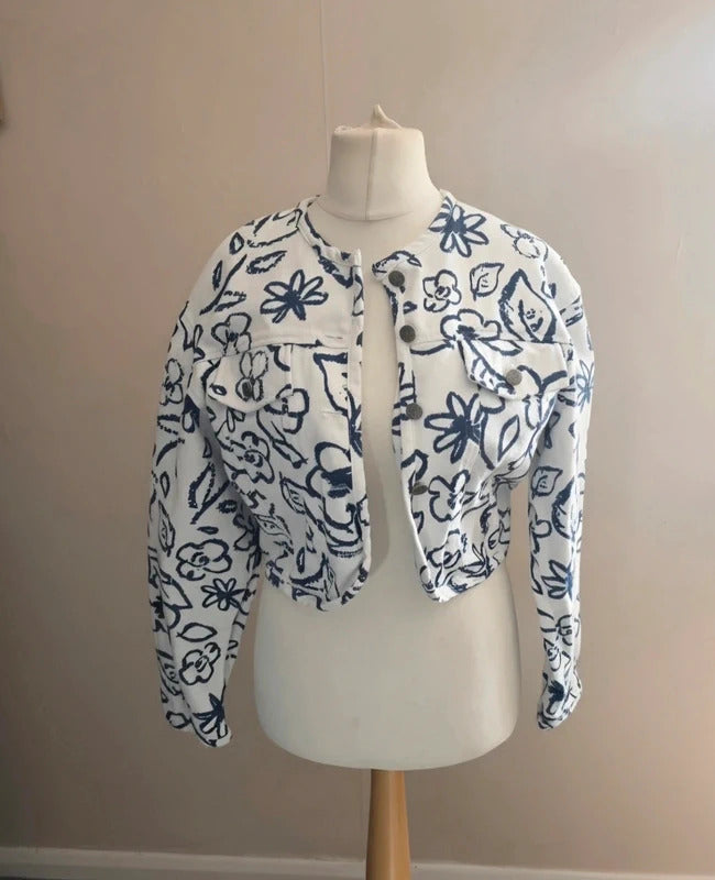 Winch White & Navy Floral Cropped Long Sleeve Cotton Denim Jacket Size 12