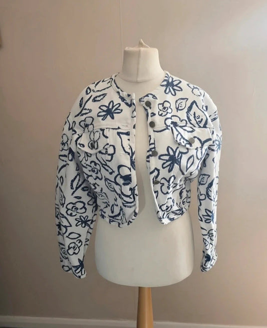 Winch White & Navy Floral Cropped Long Sleeve Cotton Denim Jacket Size 12