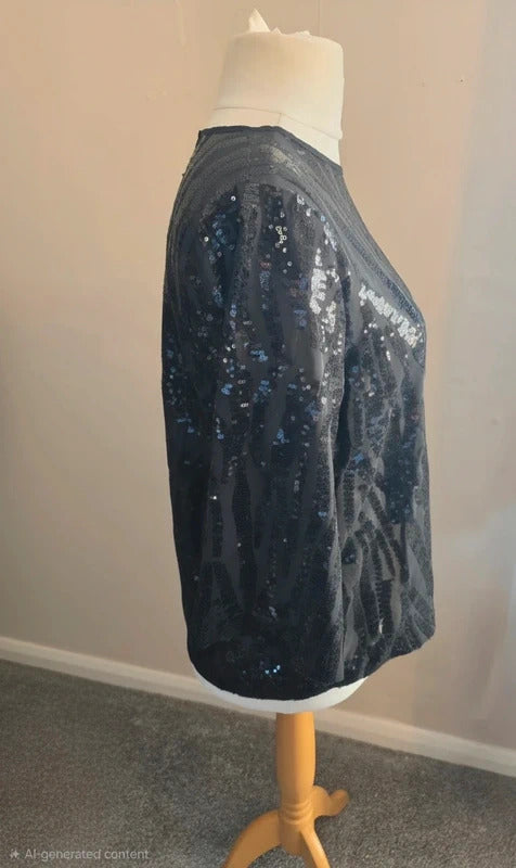 Peacocks Black Sequin Sheer Relaxed Top Size 12 Party Halloween Xmas