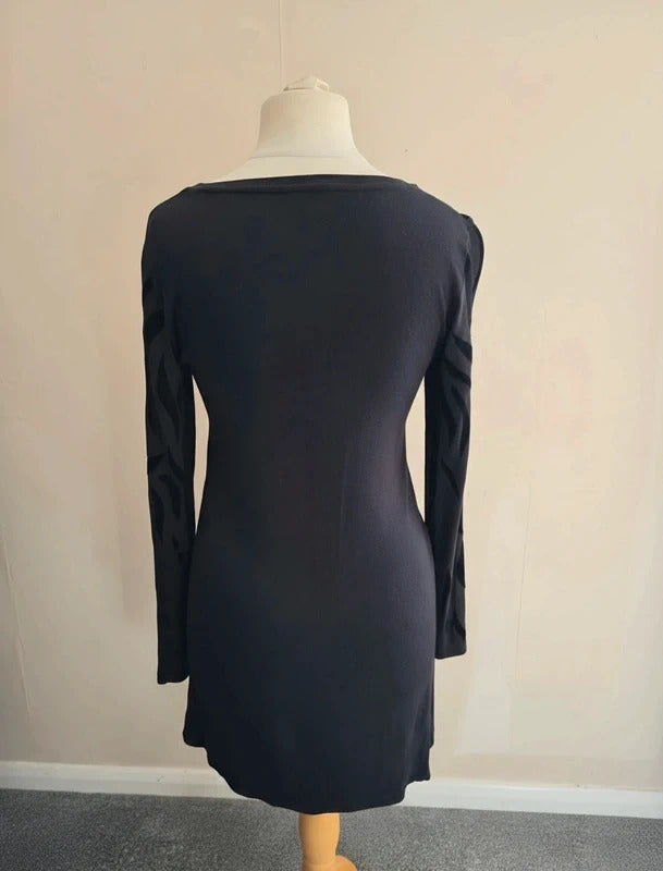 Yest Black Velvet Patterned Long-Sleeved Knee-Length Dress Size 10