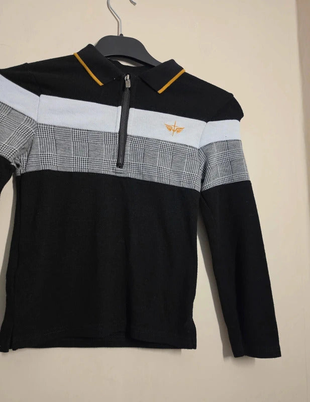 Firetrap Boys Black, Grey & White Checked Long Sleeve Polo Top – Age 6-7 Years