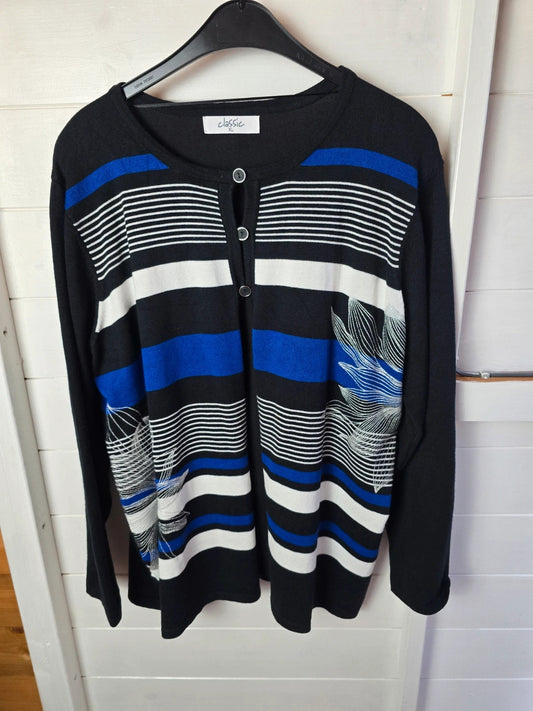 Classic black, blue & white striped long sleeved cardigan size XL 16-20