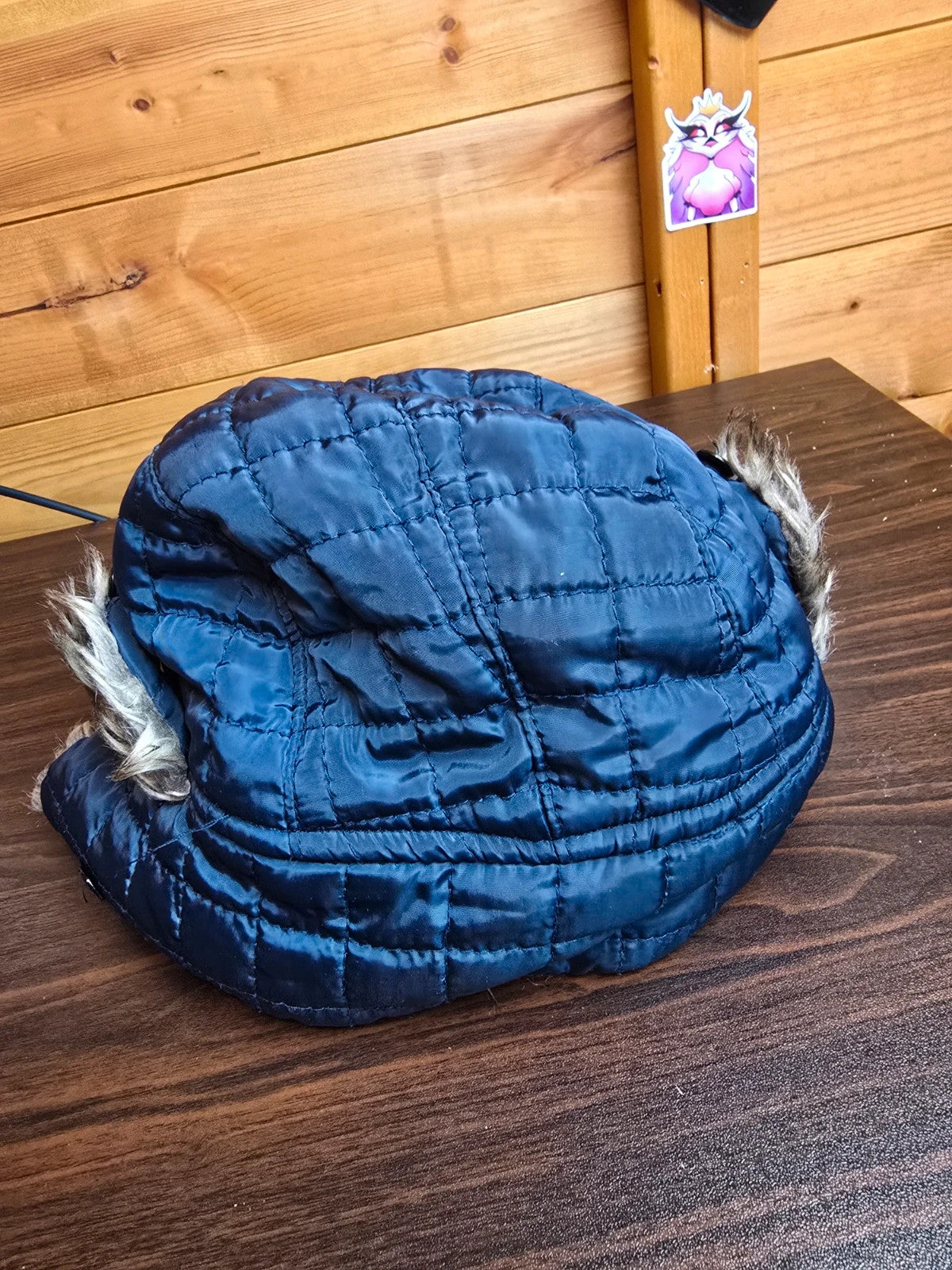 Matalan navy faux fur buckle  over the ears hat  3-6years