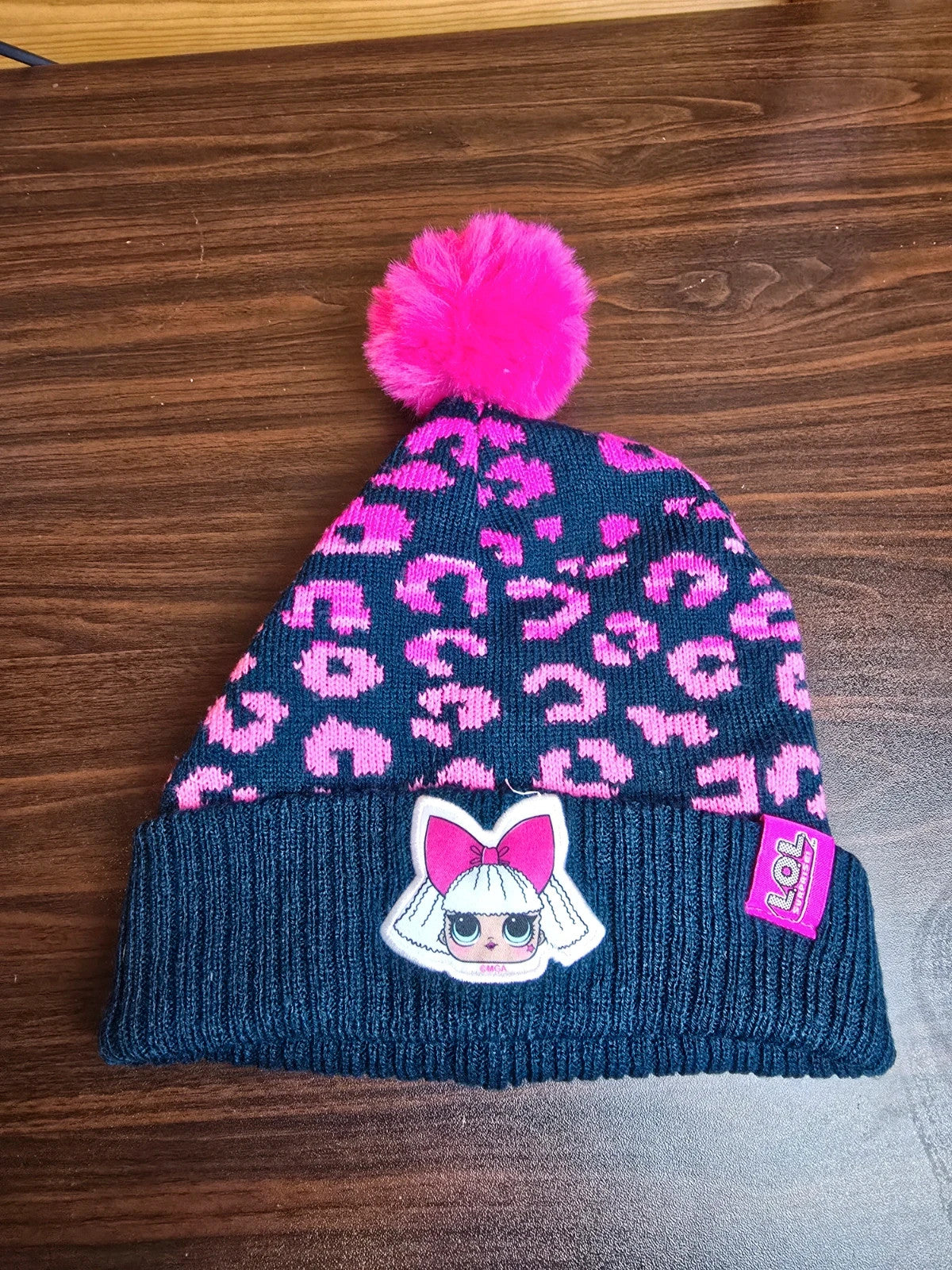 Primark LOL Surprise animal print navy & pink bobble hat