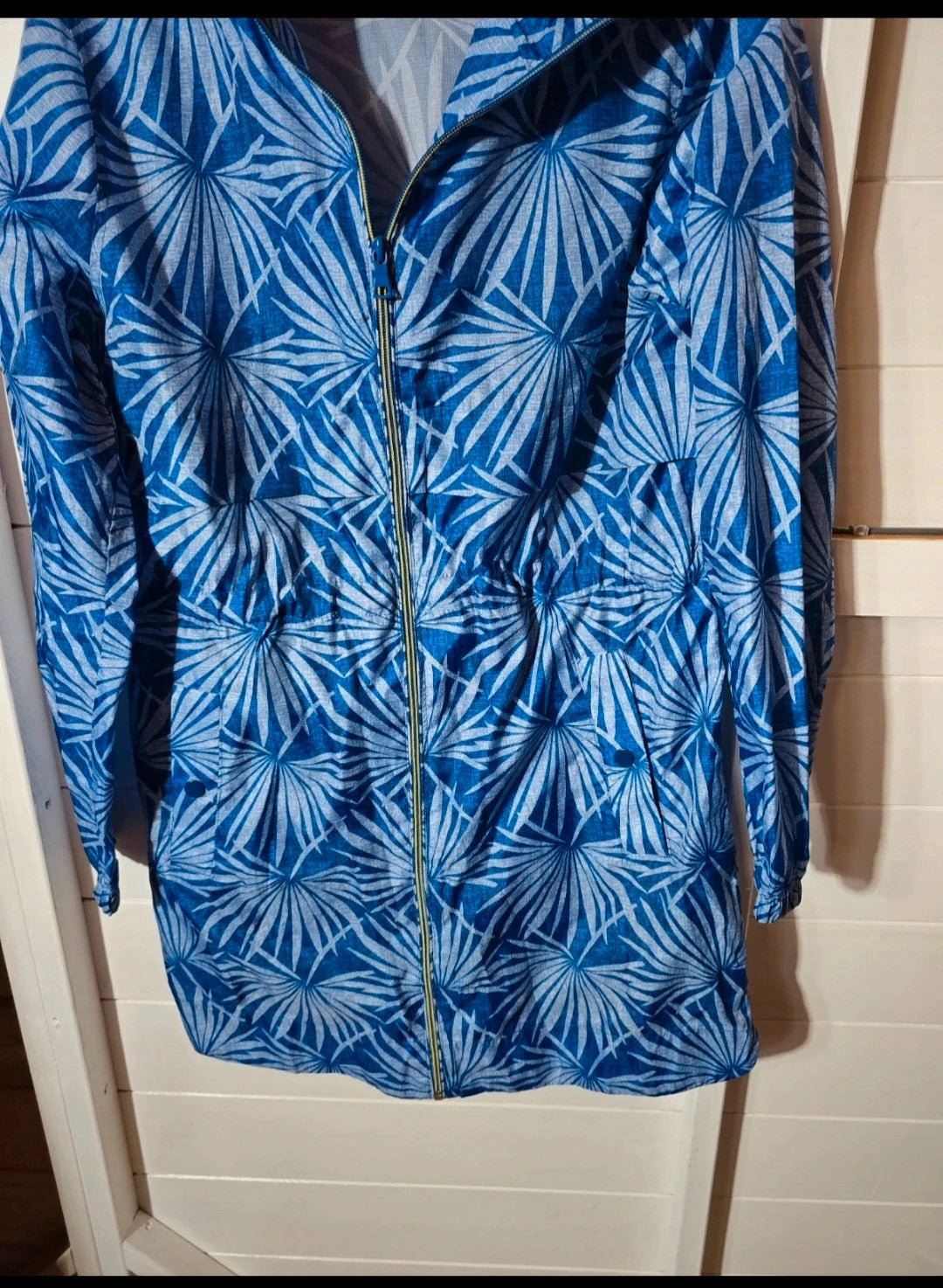 Marks & Spencer blue leaf pattern waterproof midi coat size small