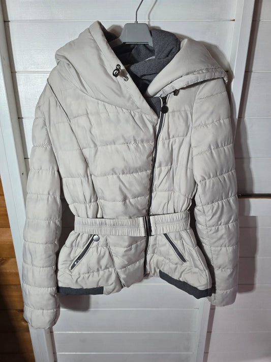 Fly cream padded hooded Belted coat size L 12