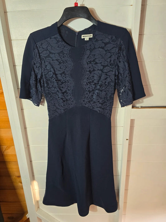 Whistles Navy Lace Short Sleeved Midi Flared Dress Smart Formal Party 10