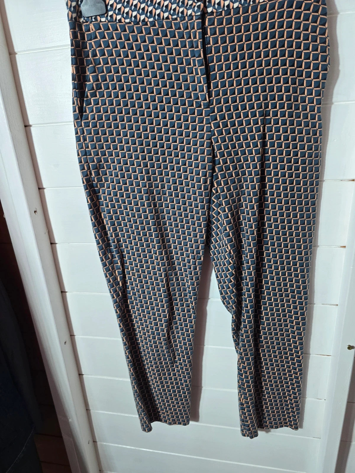 Topshop green & beige geometric patterned  cropped skinny trousers 8