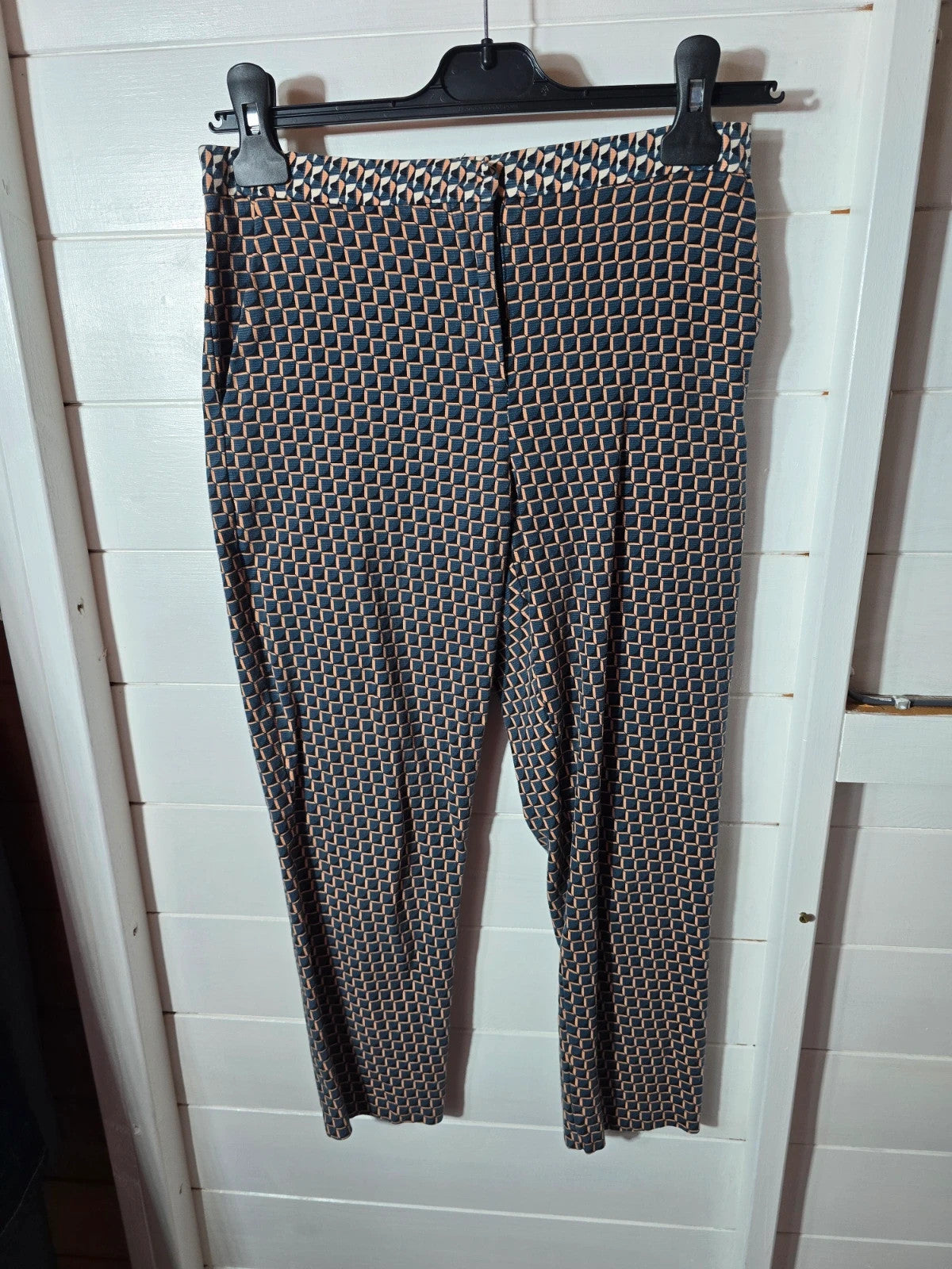 Topshop green & beige geometric patterned  cropped skinny trousers 8