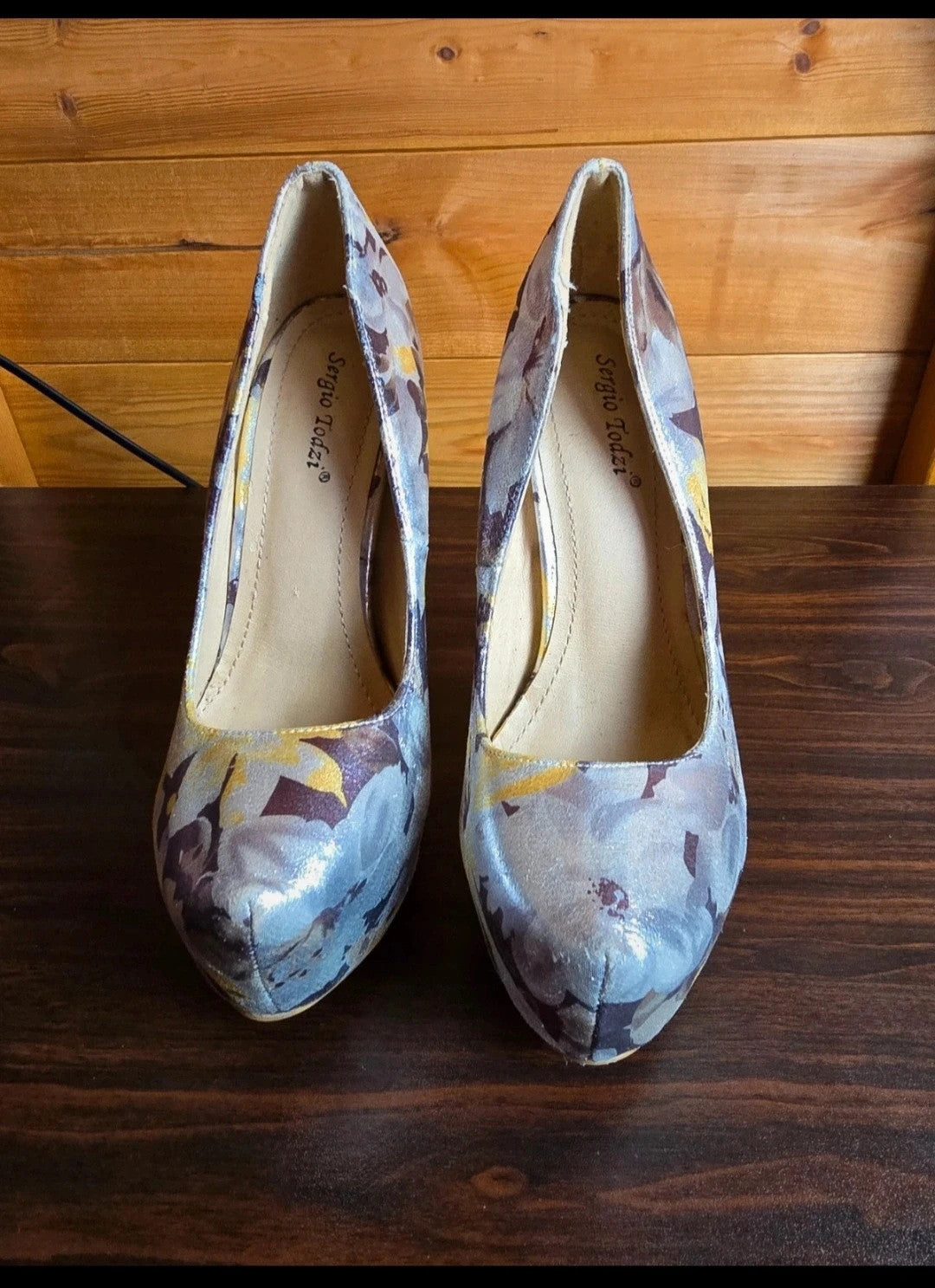 Sergio Todzi silver, purple & yellow floral platform high heels size UK 4