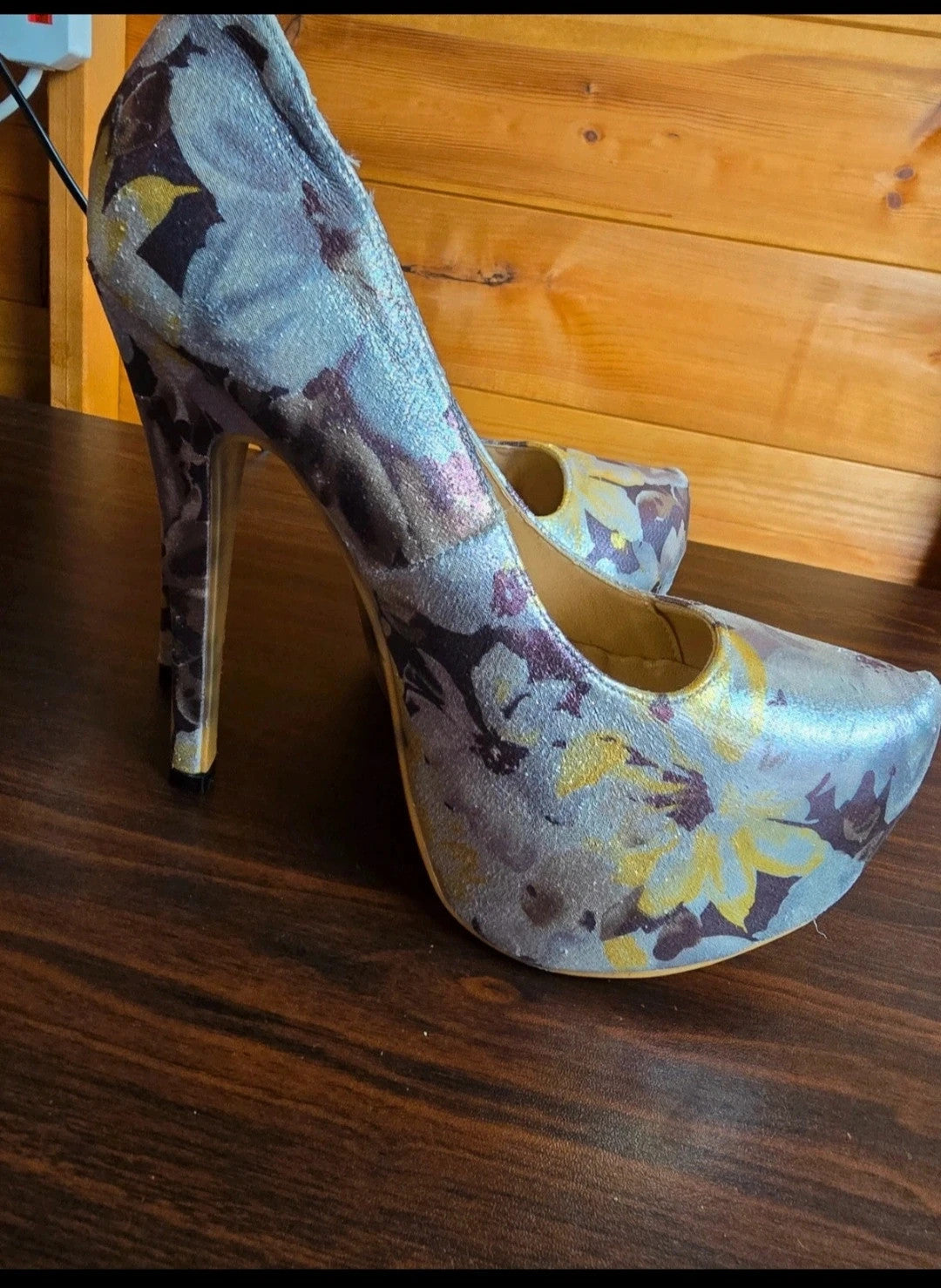 Sergio Todzi silver, purple & yellow floral platform high heels size UK 4