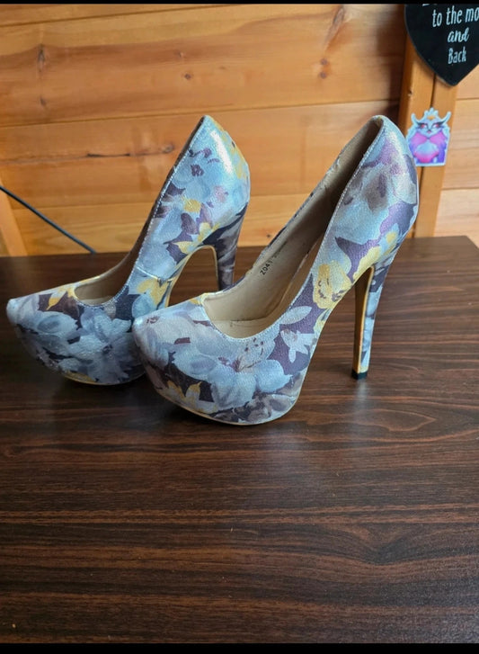 Sergio Todzi silver, purple & yellow floral platform high heels size UK 4