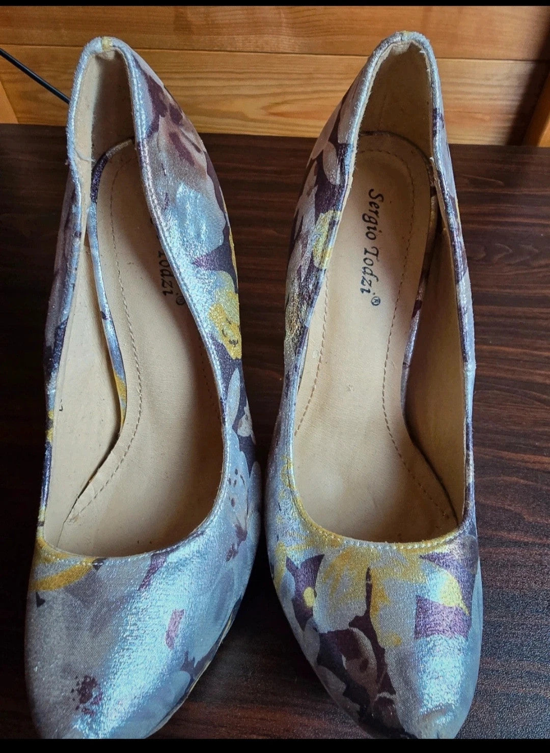 Sergio Todzi silver, purple & yellow floral platform high heels size UK 4