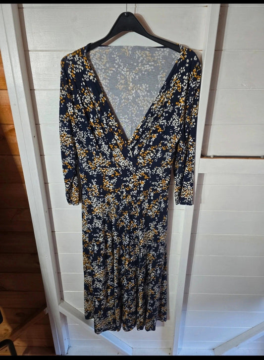 Marks & Spencer navy, mustard yellow & white 3/4 sleeve midi dress 14