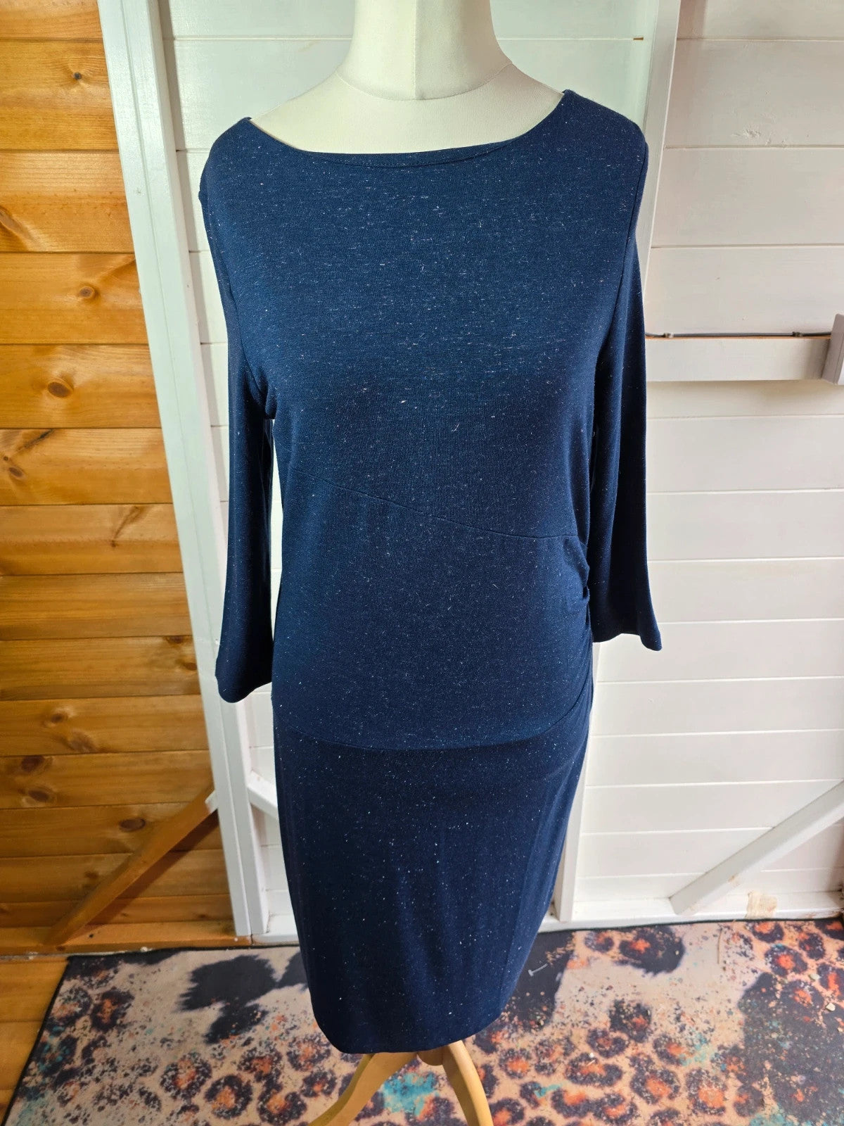 White Stuff navy & silver sparkle 3/4 sleeve midi dress size 12