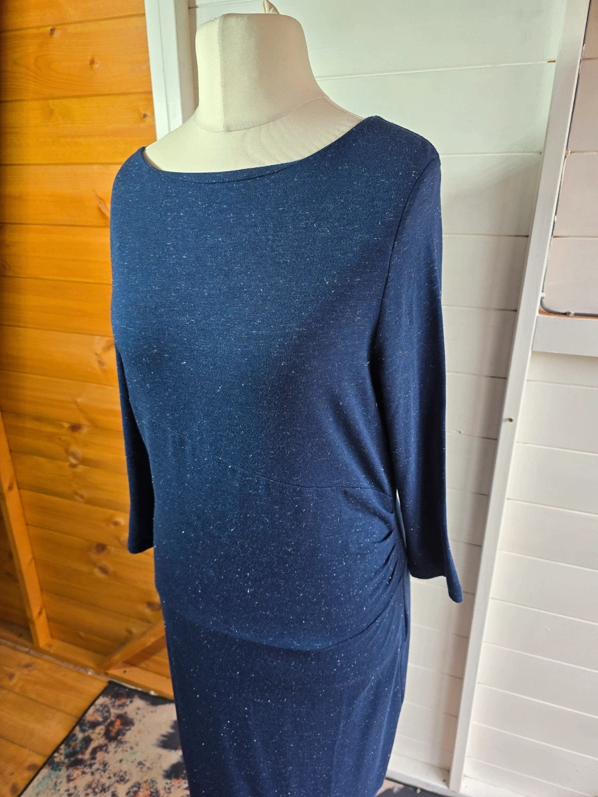 White Stuff navy & silver sparkle 3/4 sleeve midi dress size 12