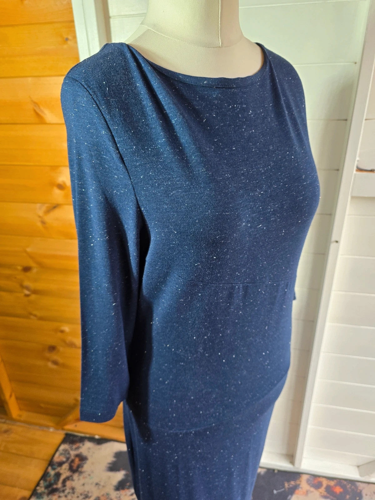 White Stuff navy & silver sparkle 3/4 sleeve midi dress size 12