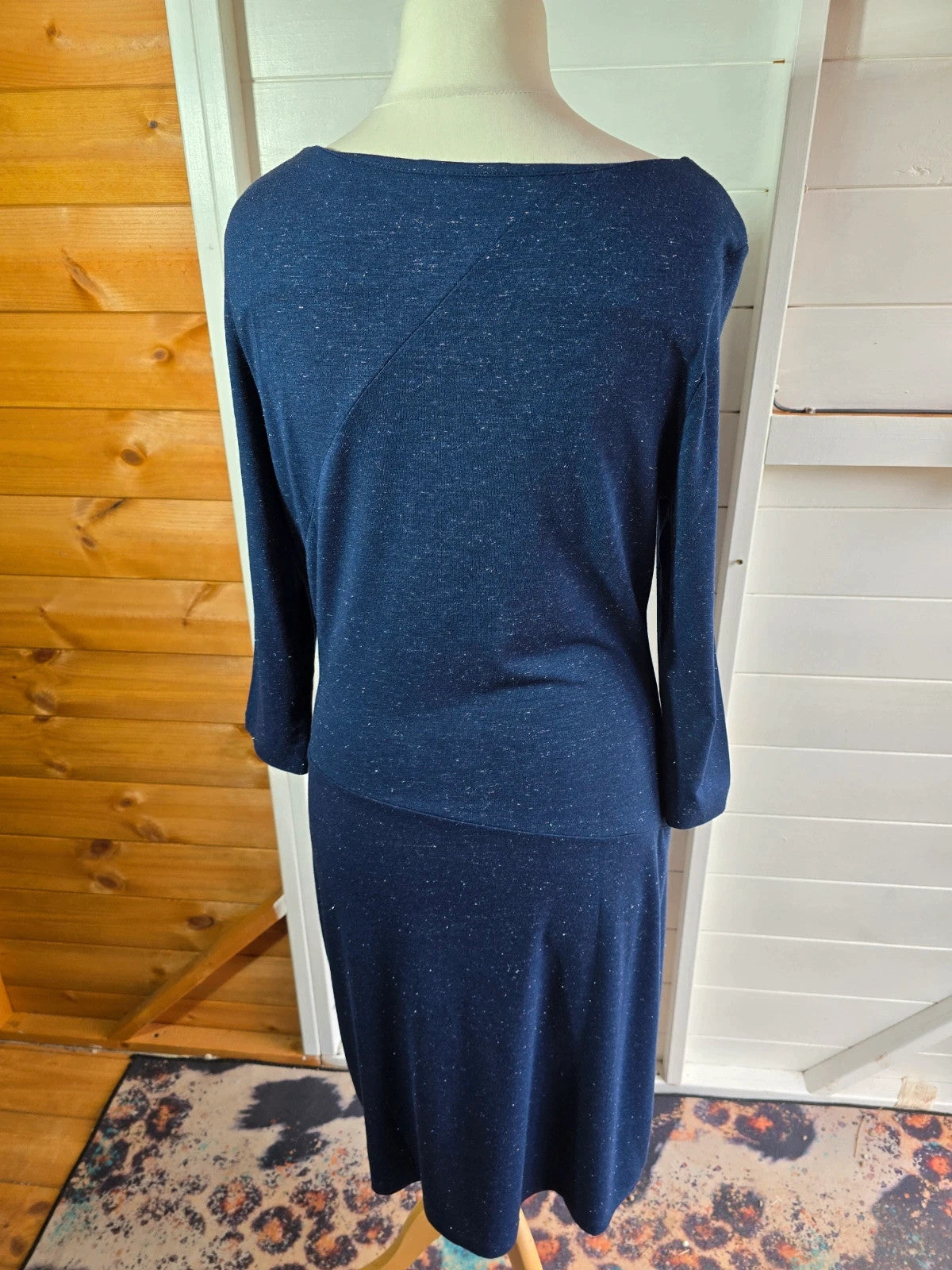 White Stuff navy & silver sparkle 3/4 sleeve midi dress size 12