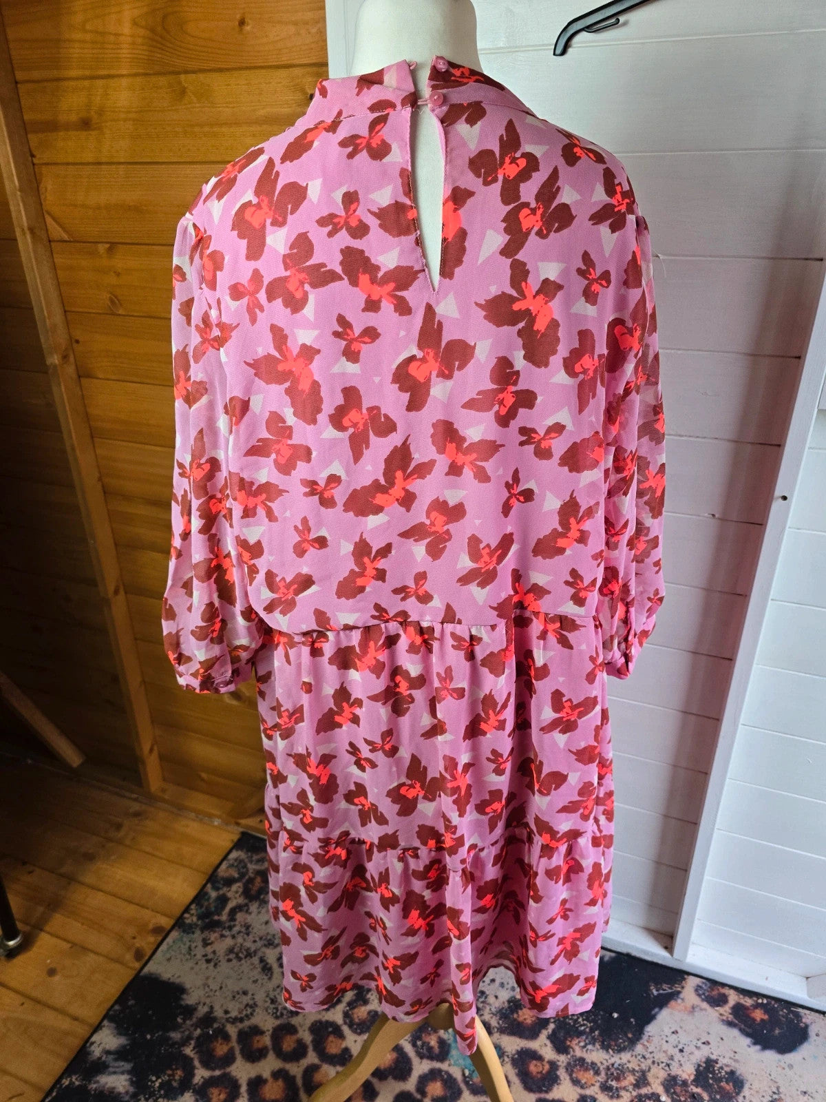 Vero Moda pink & red floral 3/4 sleeve flared midi dress size E50 UK 20/22