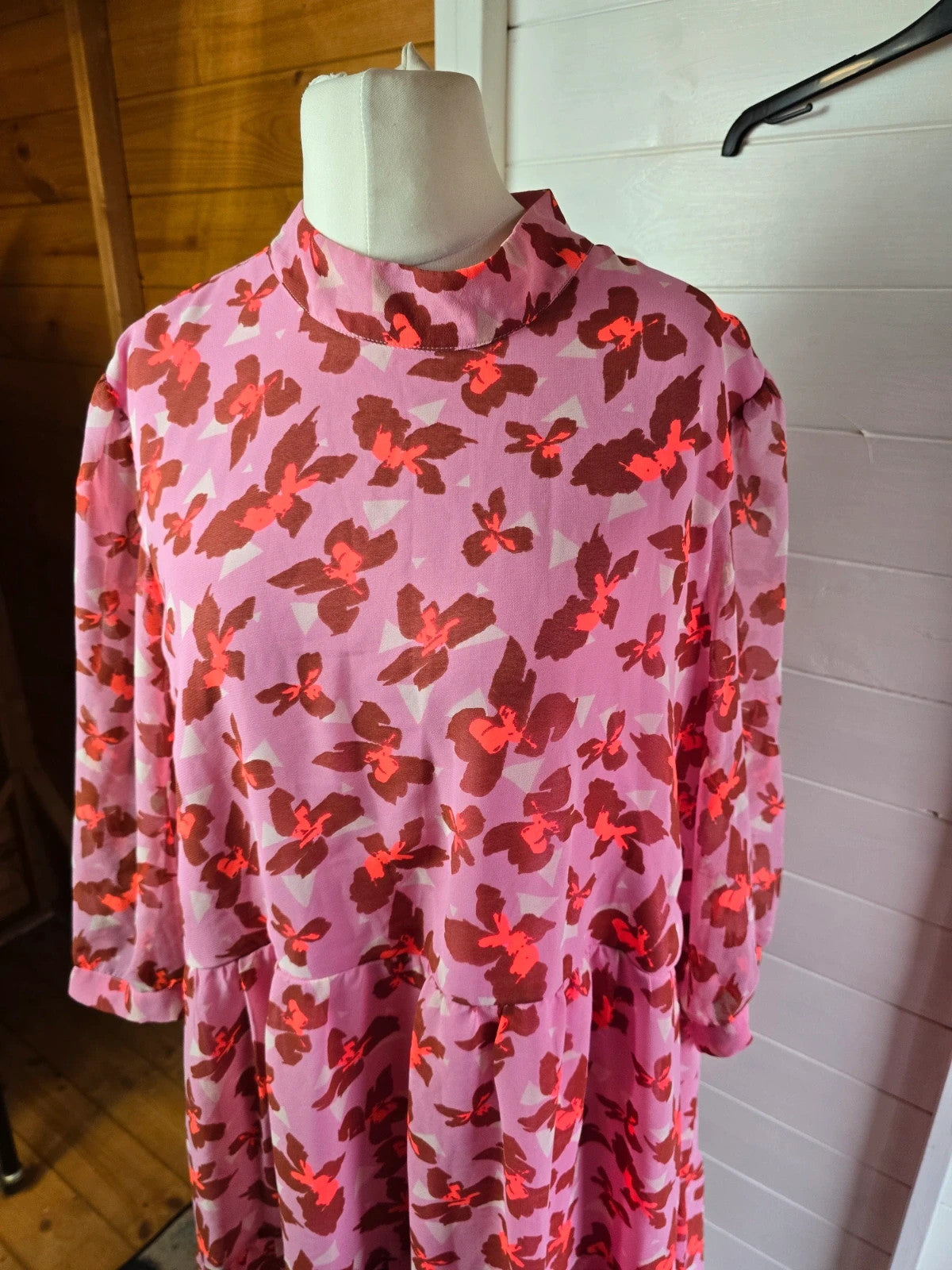 Vero Moda pink & red floral 3/4 sleeve flared midi dress size E50 UK 20/22