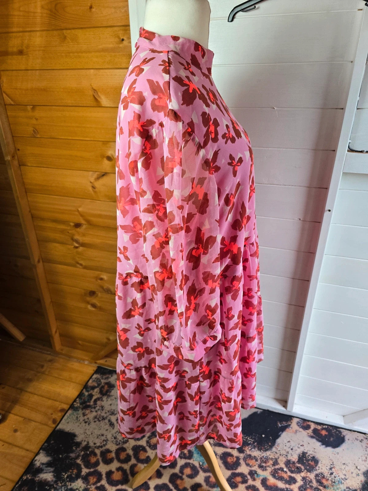 Vero Moda pink & red floral 3/4 sleeve flared midi dress size E50 UK 20/22