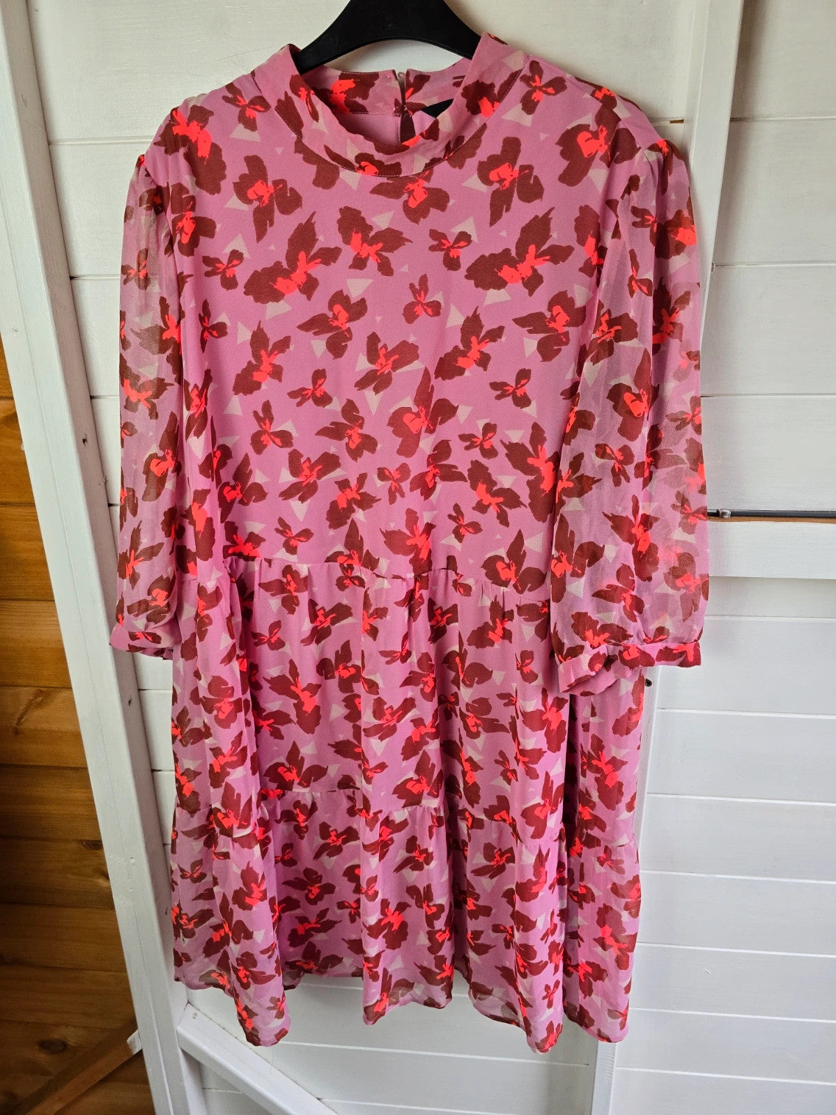 Vero Moda pink & red floral 3/4 sleeve flared midi dress size E50 UK 20/22