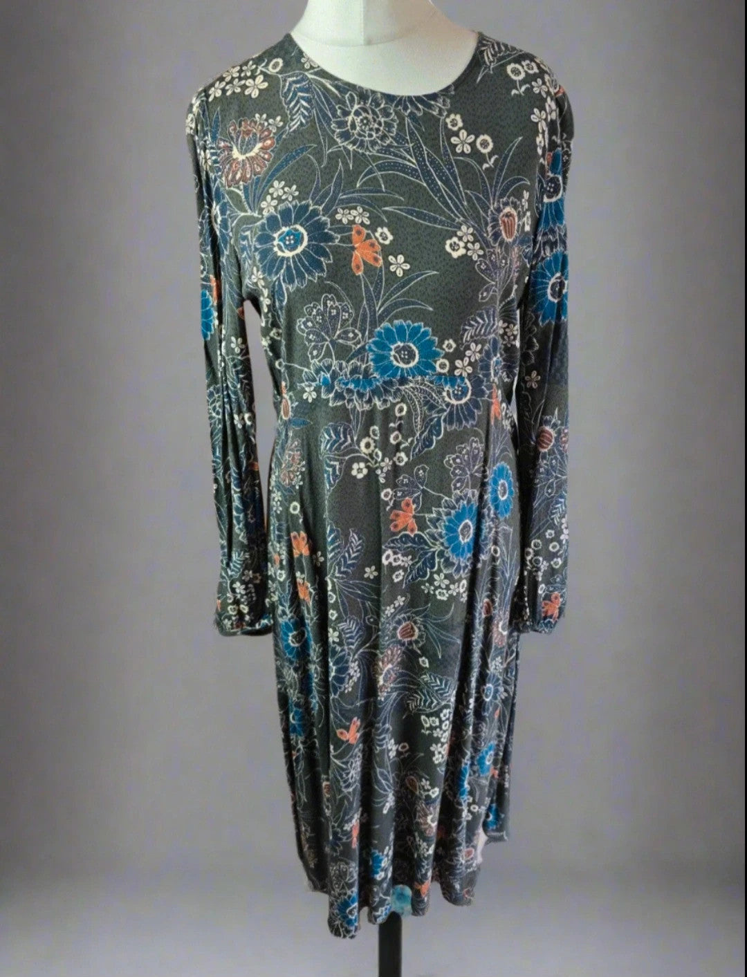 Ladie's Zara Grey Blue & Orange Floral Long Sleeved Maxi Dress Size L 12