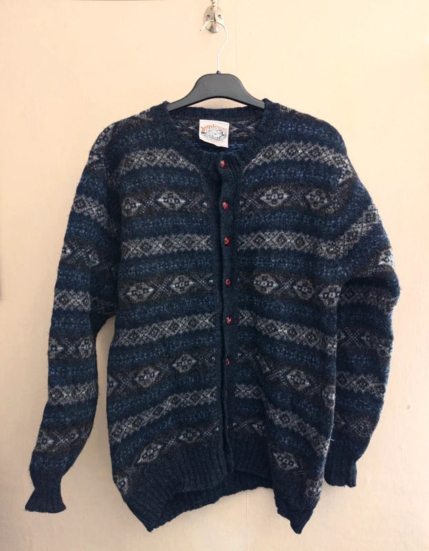 Vintage Jamieson's Shetland Navy & Grey Fair Isle Wool Cardigan (80s/90s)