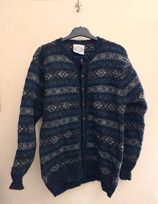 Vintage Jamieson's Shetland Navy & Grey Fair Isle Wool Cardigan (80s/90s)