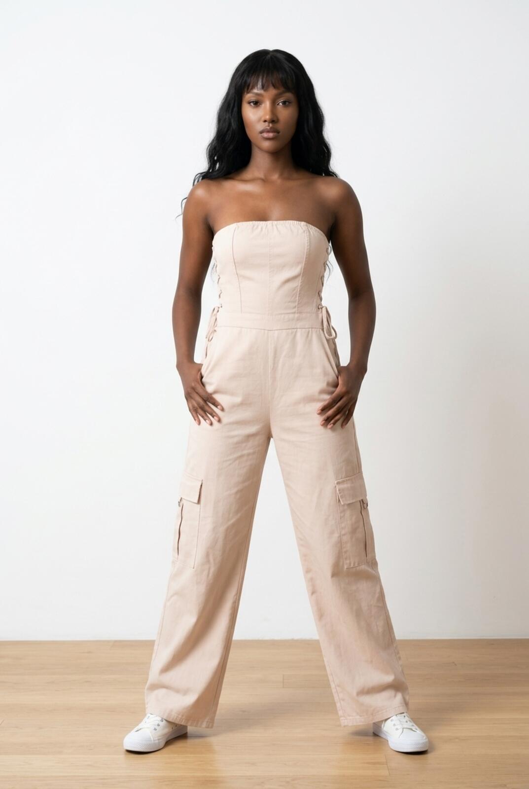 PrettyLittleThing Cream Bandeau Corset Cargo Jumpsuit Size 12