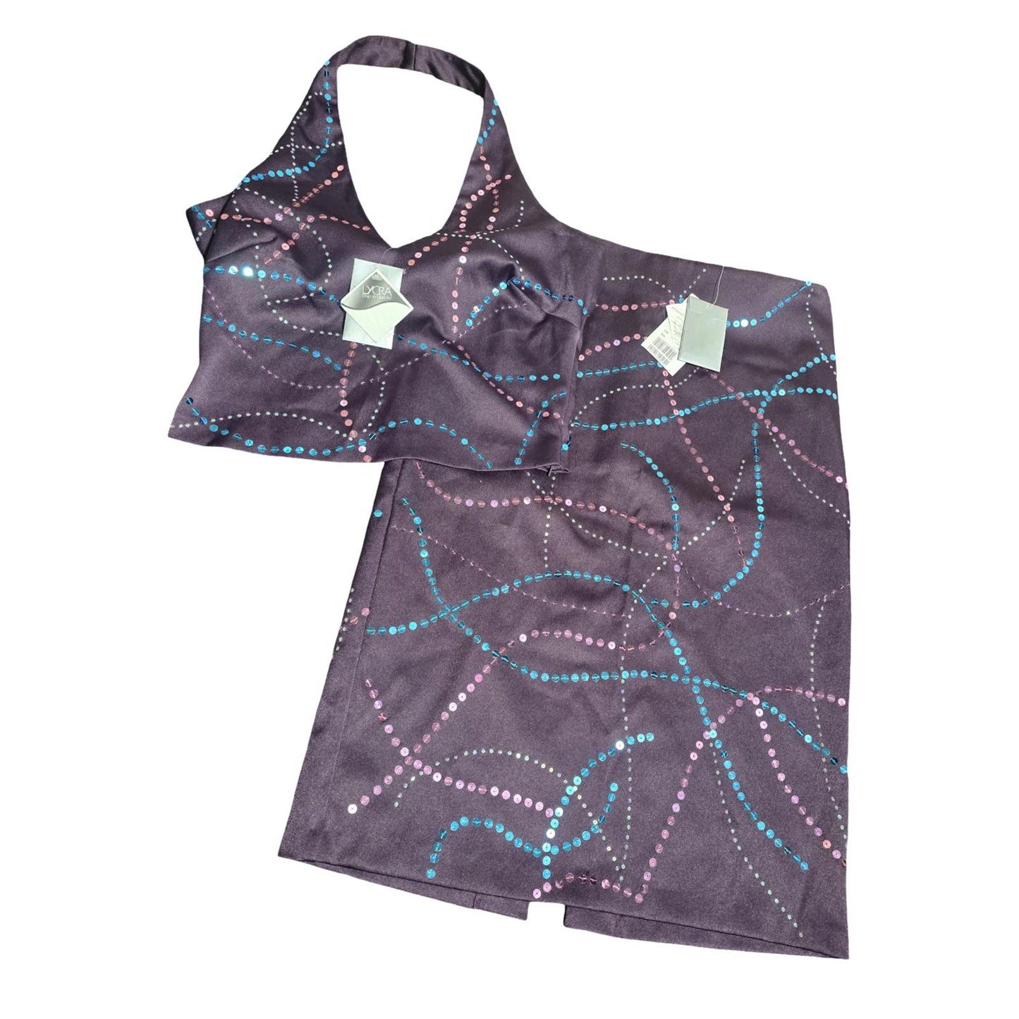 Y2K Warehouse Purple Sequin Co-Ord Set Halterneck Top A-Line Skirt  NWT  Size 12