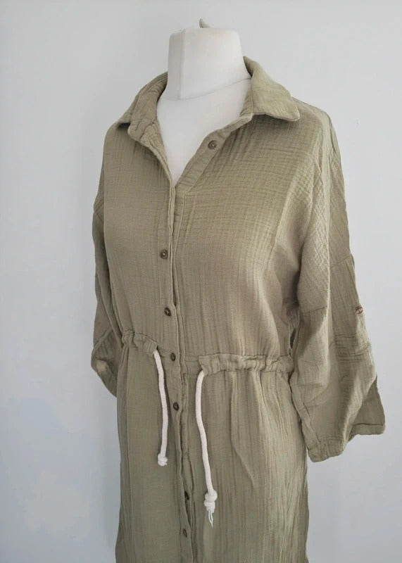 Replay Khaki Textured Cotton Midi Shirt Dress M Size 10-12 Drawstring Waist