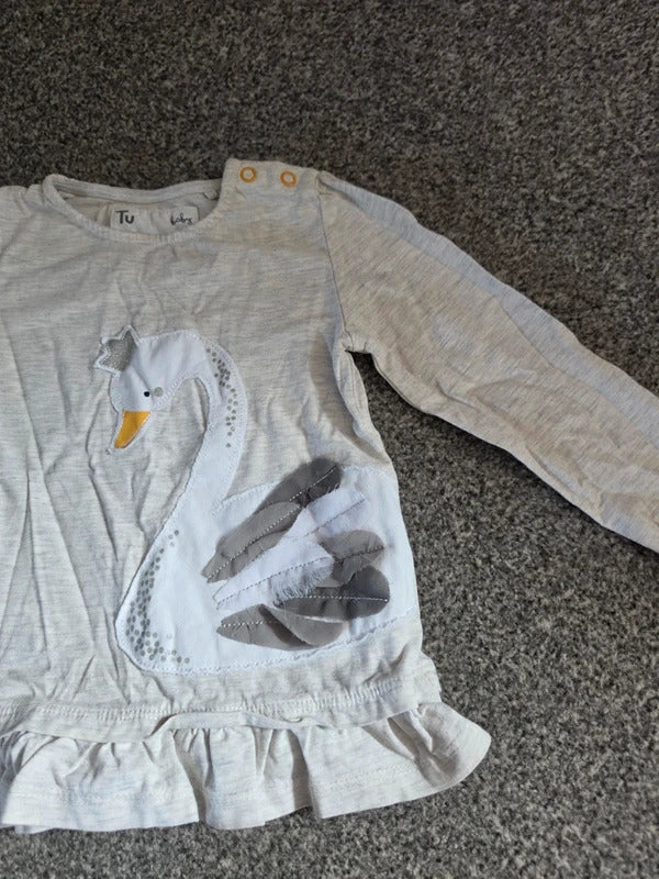 Tu Baby Girls Light Grey Marl Swan Appliqué Frill Long Sleeve Top 18-24 Months