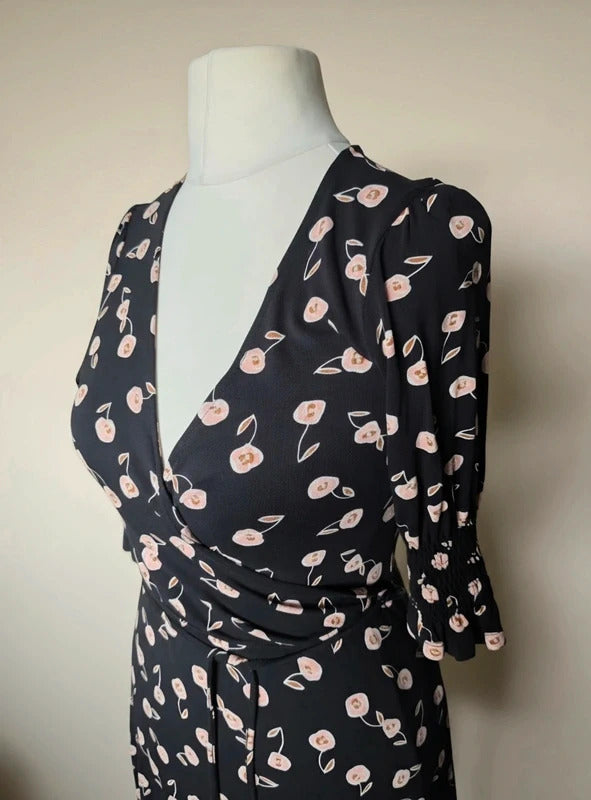 French Connection Black & Pink Floral Midi Dress – Size 10