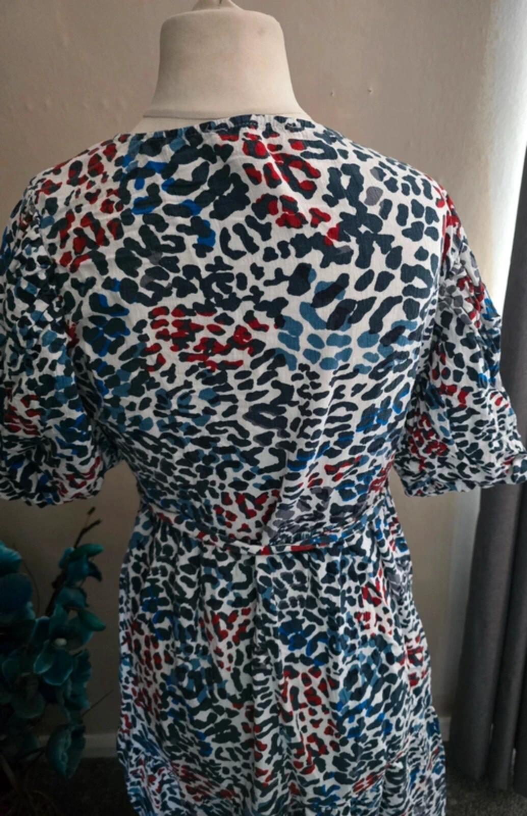 Next Multicoloured Animal Print Midi Wrap Dress with Puff Sleeves Size 12