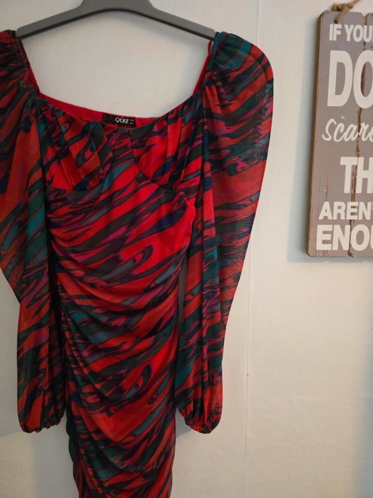 Quiz Multicoloured Red Patterned Ruched Mini Dress Size 6