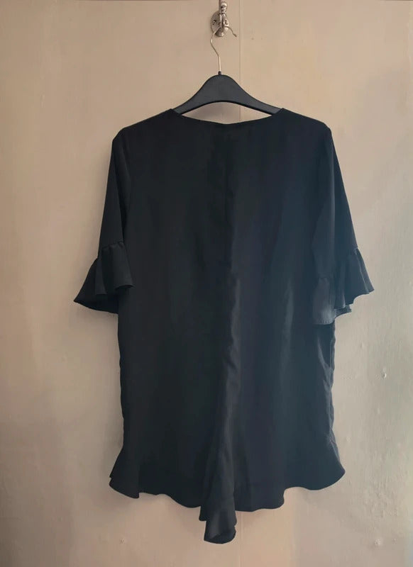 ASOS Black Frilly Sleeve & Hem Button-Front Playsuit Size 10