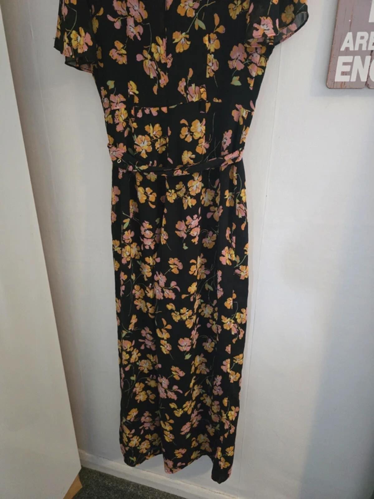 Warehouse Black Floral High-Neck Wide-Leg Jumpsuit Size 12